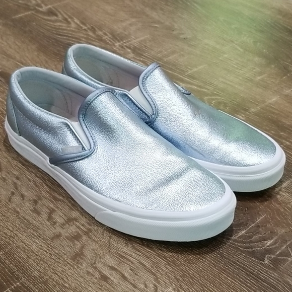 Vans Shoes - Vans blue metallic leather slip sneakers size 10